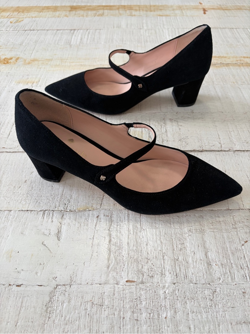 Kate Spade Malia Black Suede Mary Jane Shoes size 6 Block Heel Pointed Toe